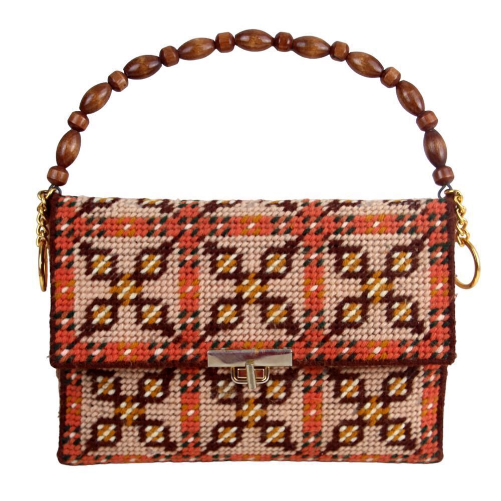 HANDMADE EMBROIDERED MULTICOLOR TAPESTRY WOOD HANDLE FLAP POCKETBOOK HANDBAG